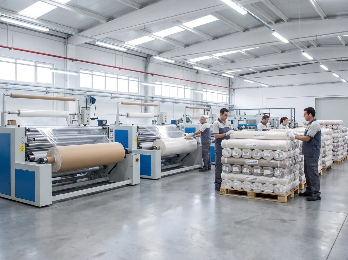 Finished fabric rolls being wrapped and stacked on pallets