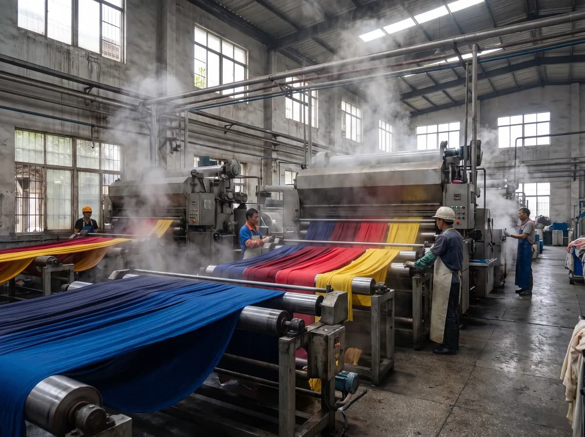 Fabric being dyed and finished on industrial processing machines