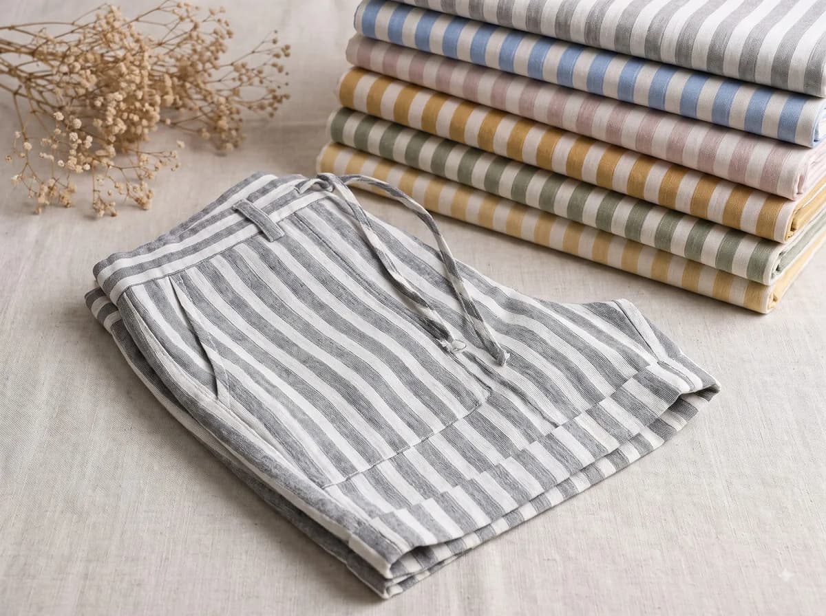 Folded grey stripe shorts beside a stack of the same stripe cloth in six colourways