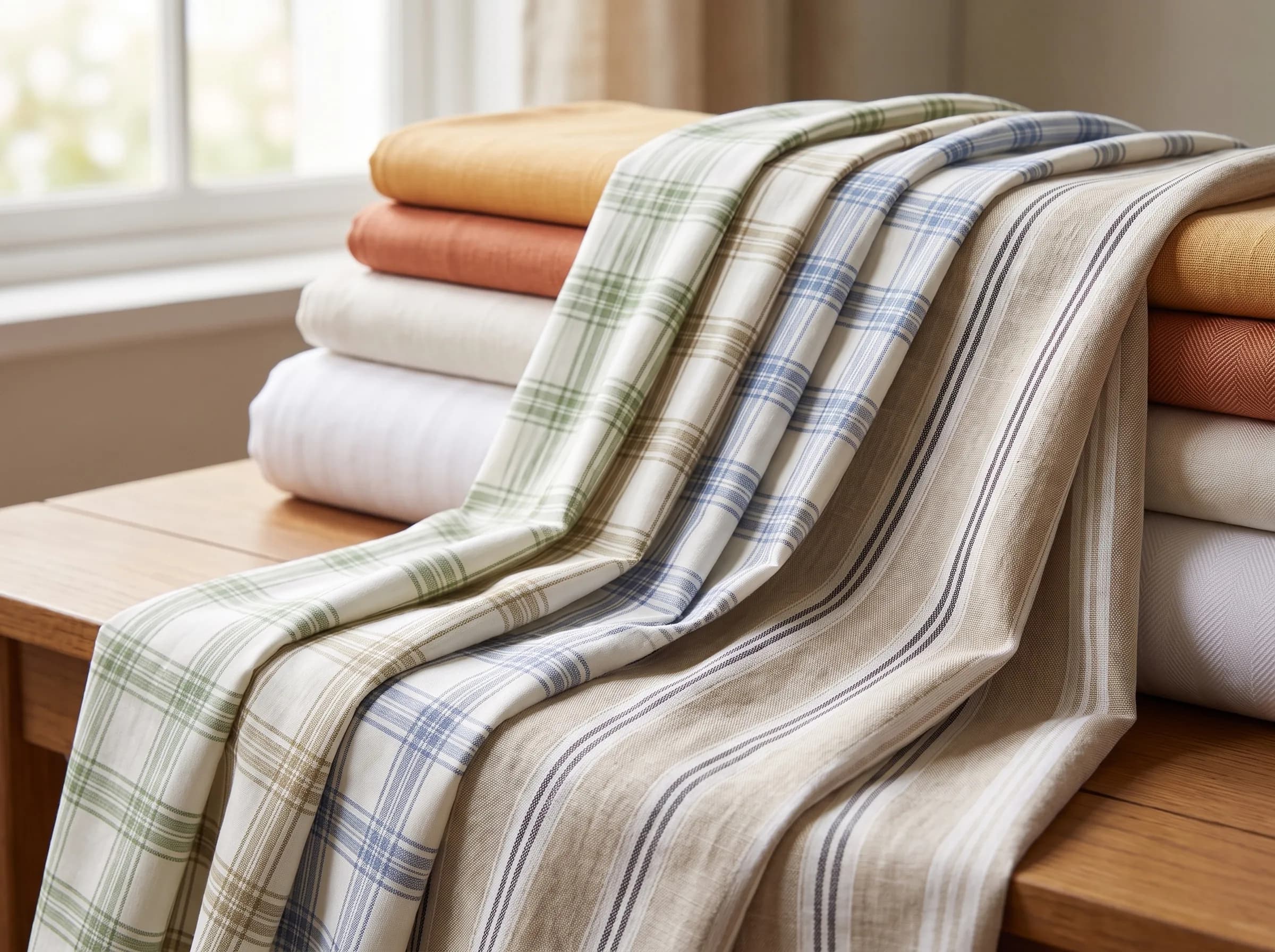 Folded plaid and striped cotton fabrics stacked on a table