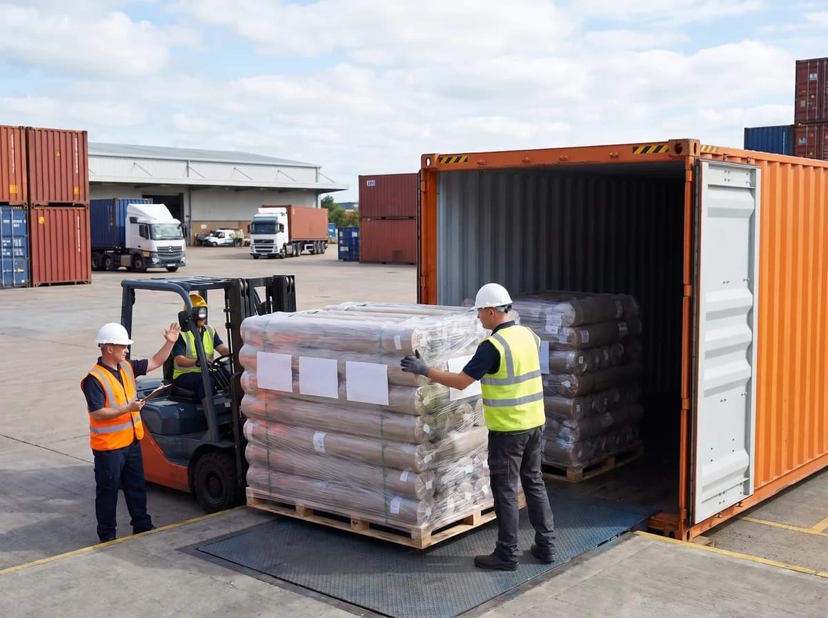 Fabric rolls being loaded into a shipping container for export