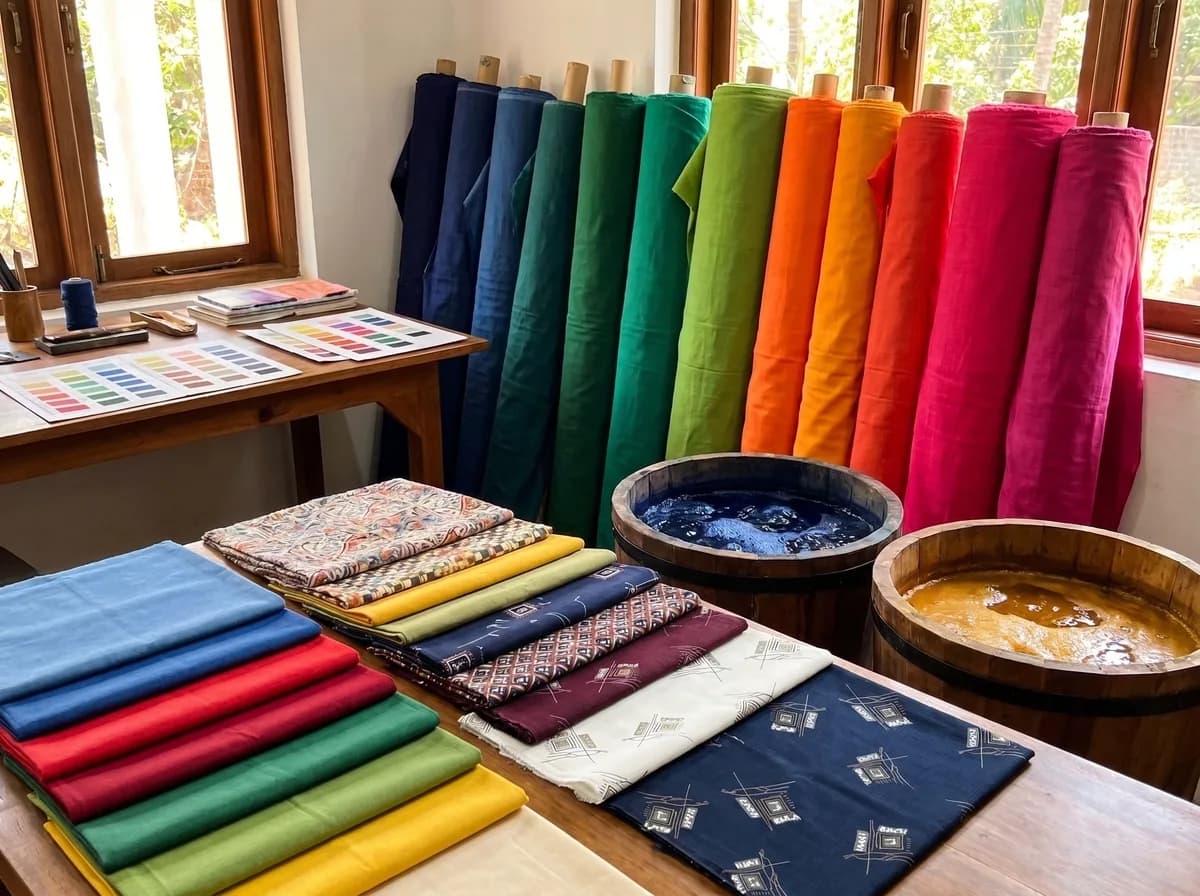 Colourful dyed and printed fabric rolls with dye vats
