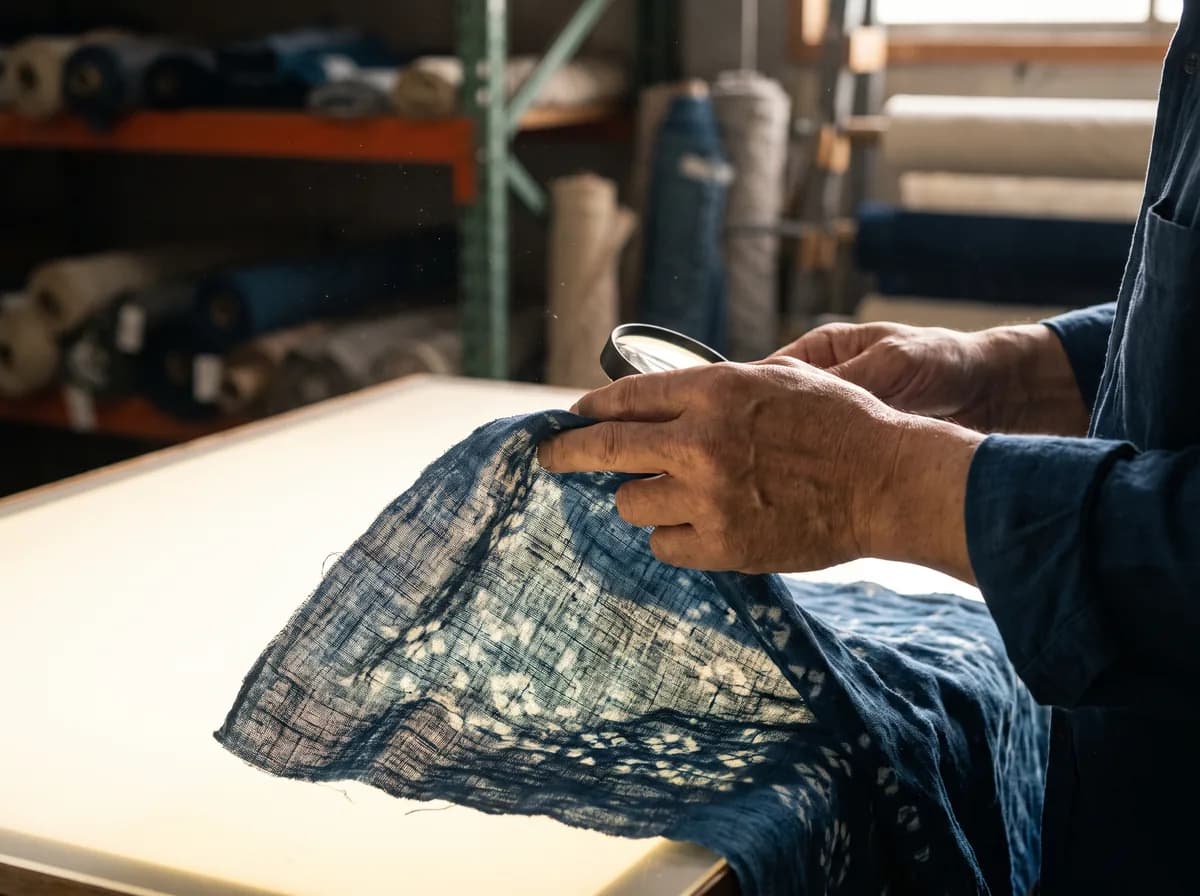 Inspector examining fabric quality with a magnifying glass