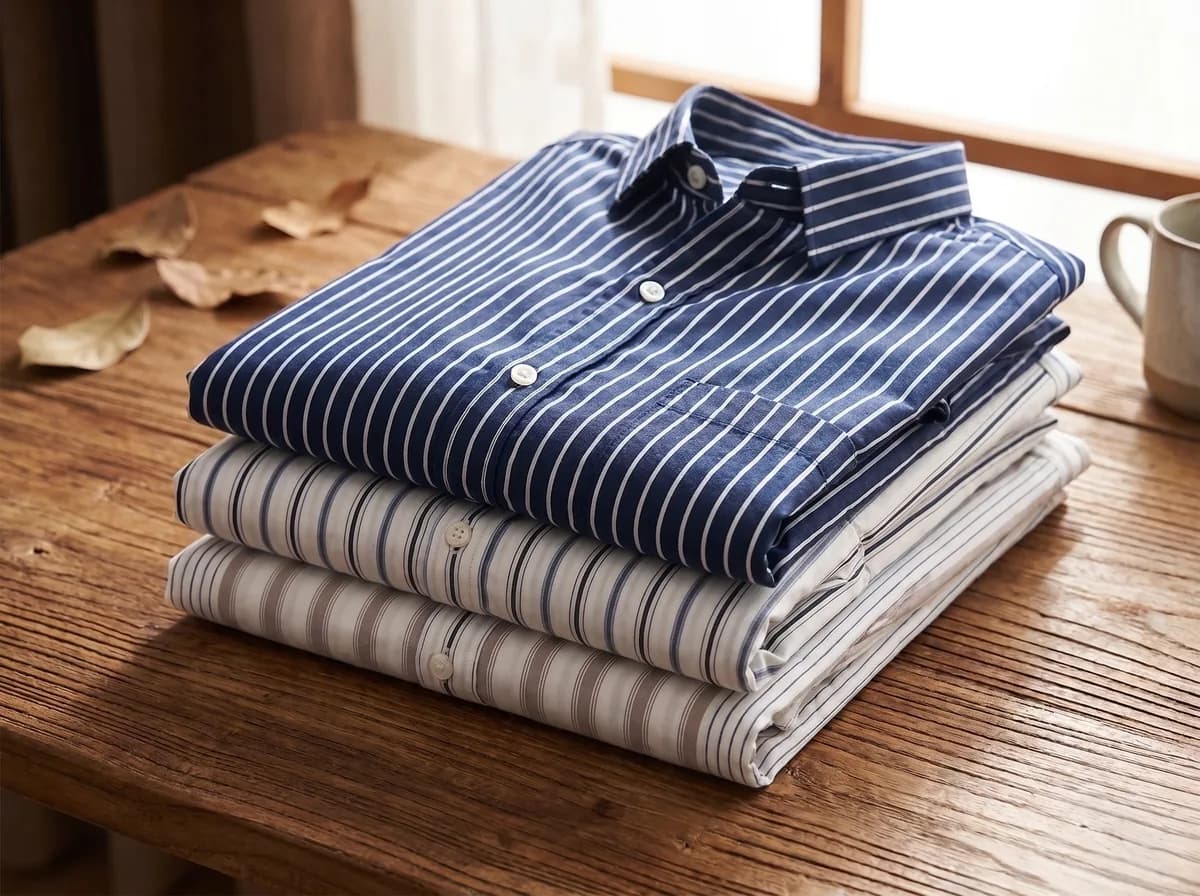Stack of folded striped dress shirts on a wooden table