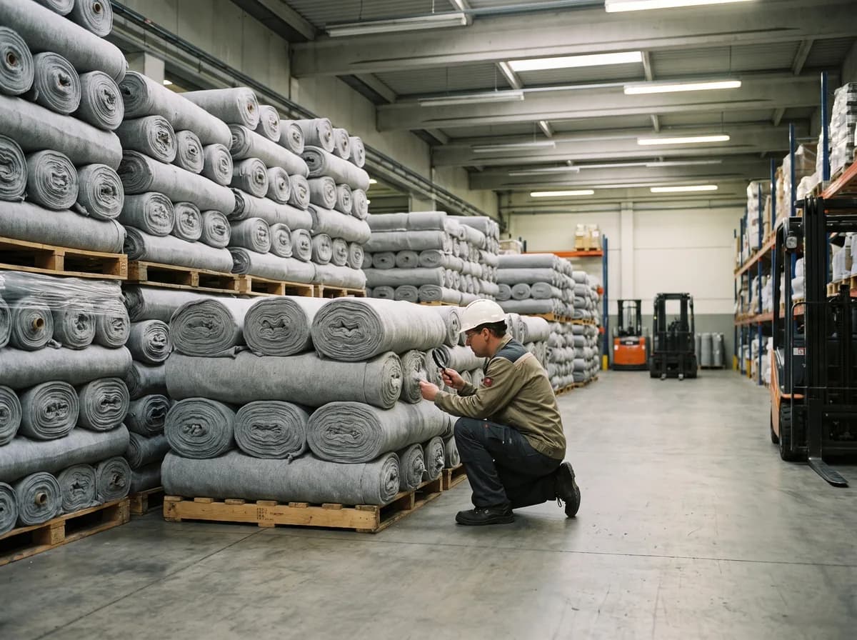 Grey fabric rolls stacked in a warehouse for procurement