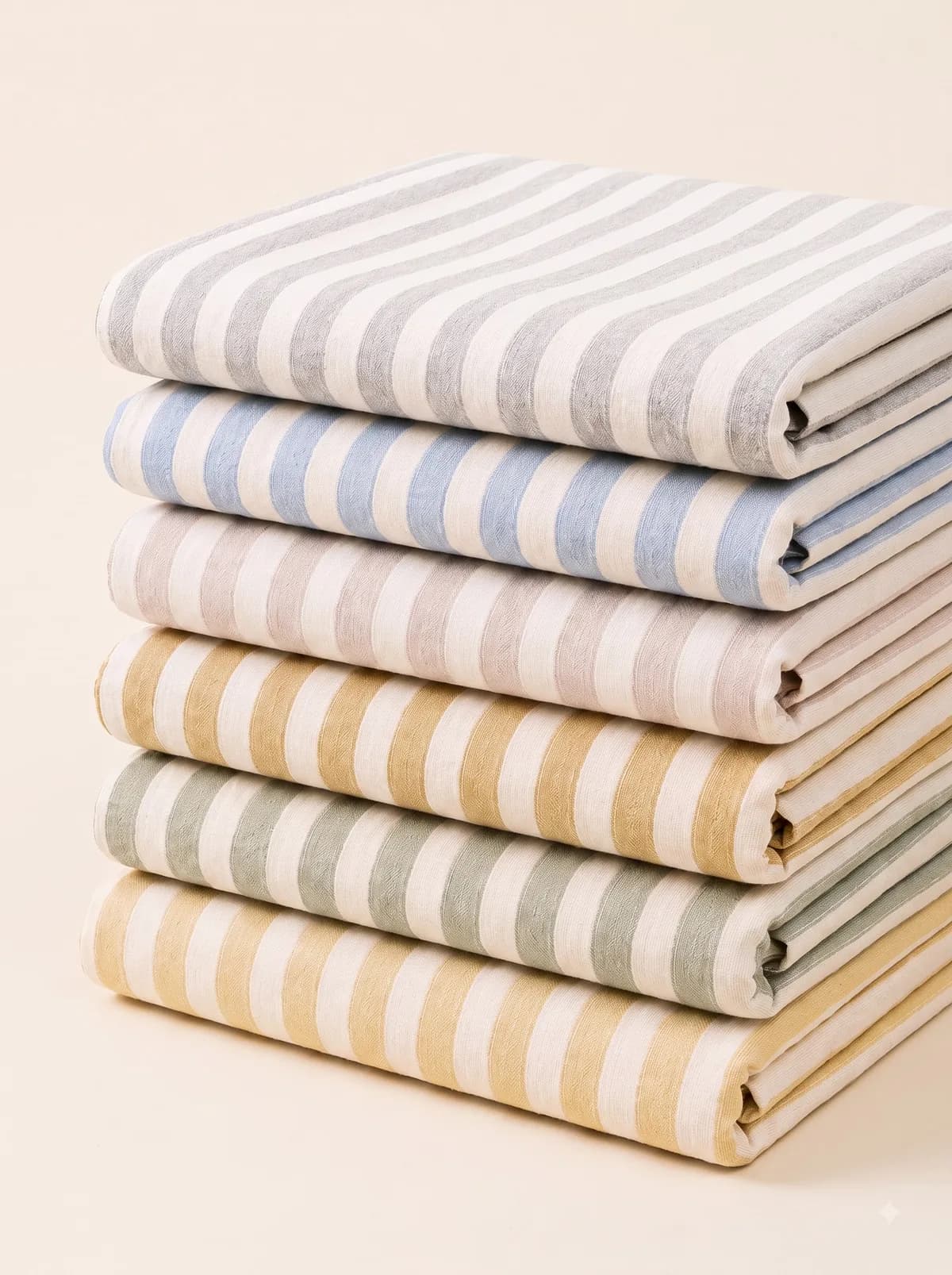 Stack of folded wide stripe fabrics in grey, blue, taupe, ochre and sage