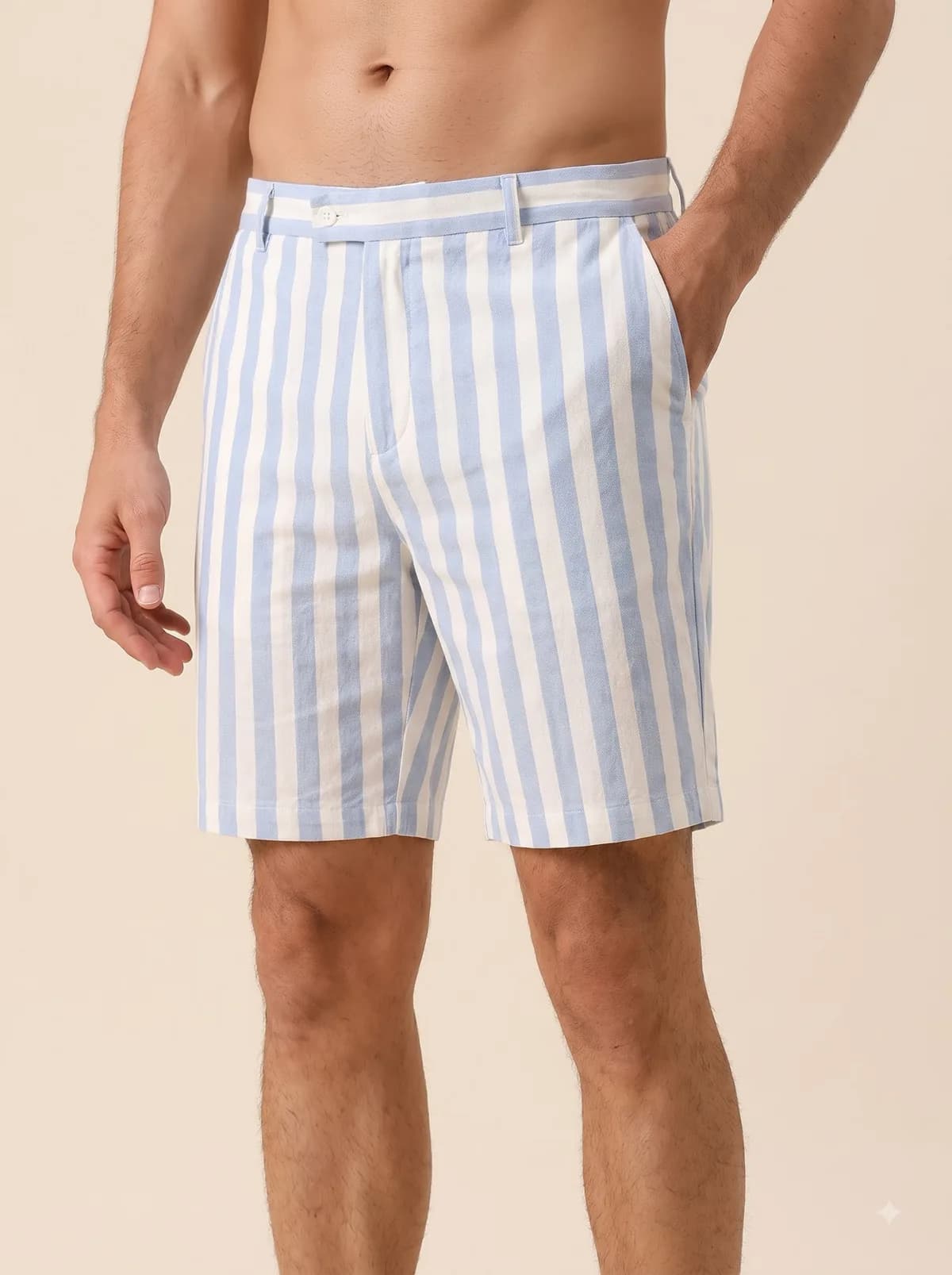 Model in blue and white wide stripe tailored shorts