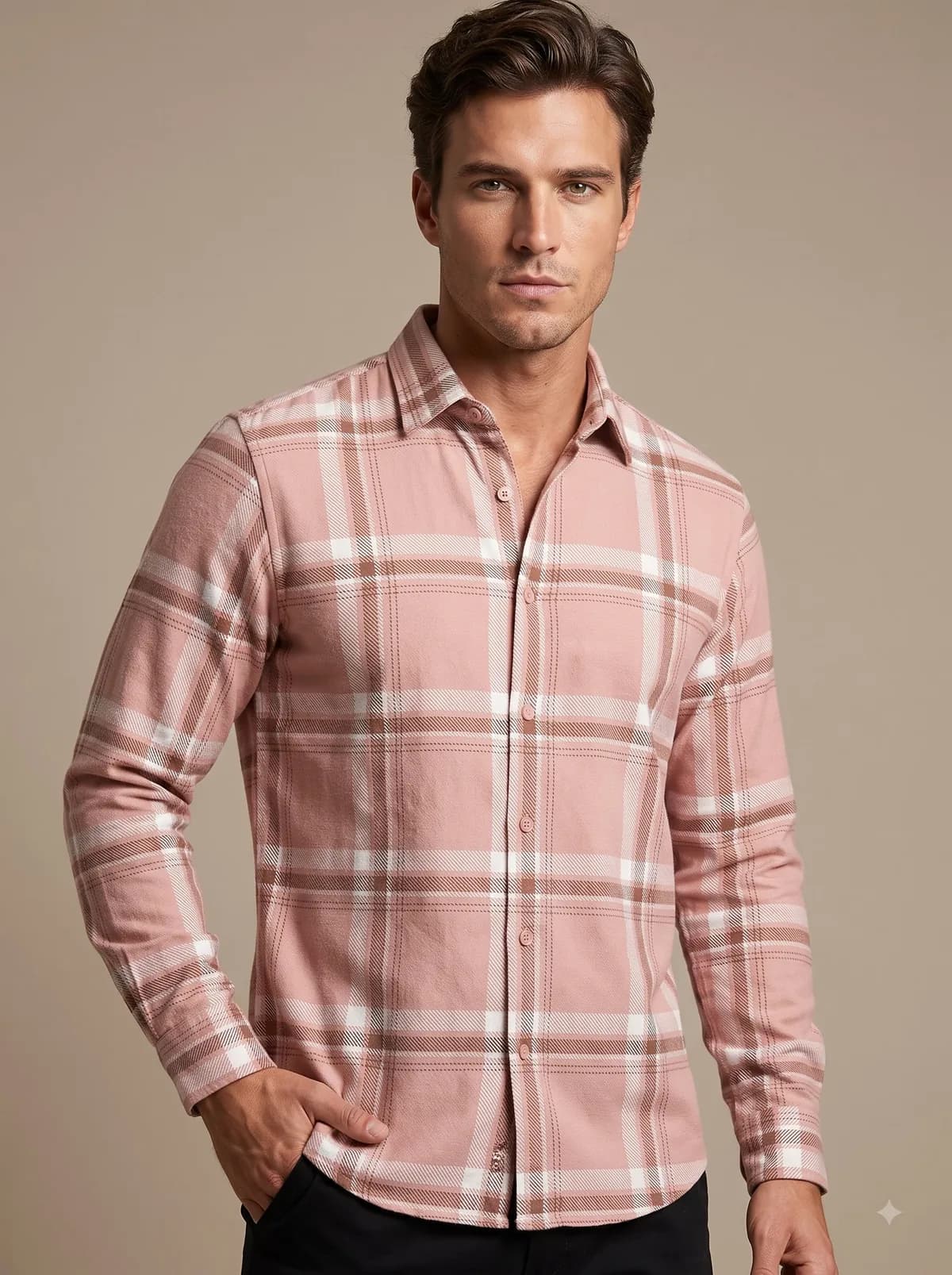 Model in a blush pink tartan full-sleeve shirt with a chest pocket