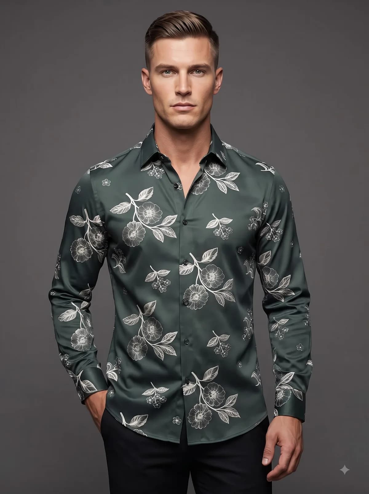 Model in a forest green full-sleeve shirt with cream botanical branch print