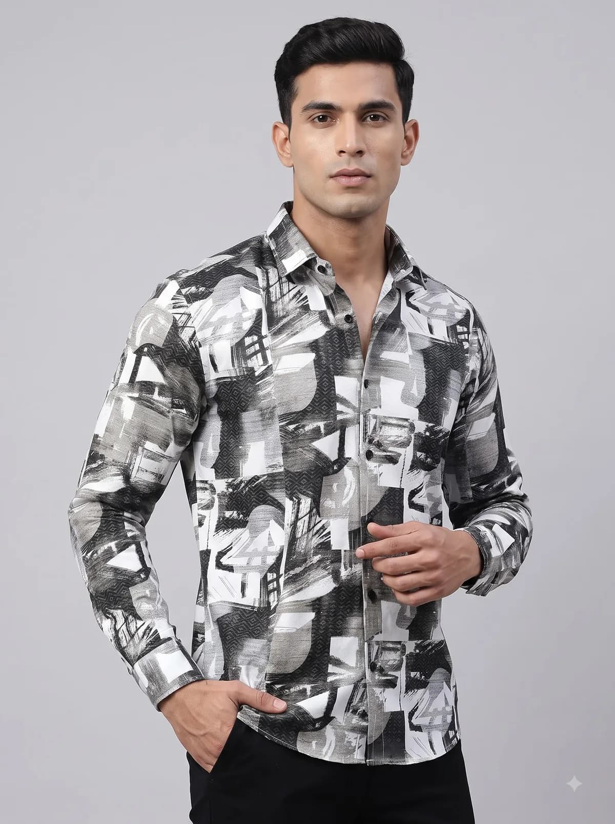Model in a black and white abstract brushstroke print full-sleeve shirt