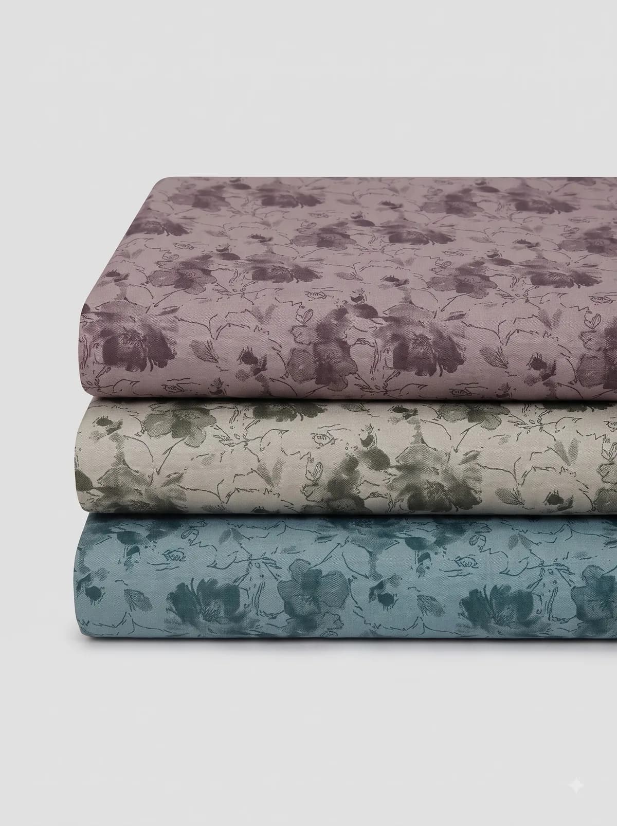 Folded teal, olive and burgundy tropical leaf print fabrics stacked on a grey background