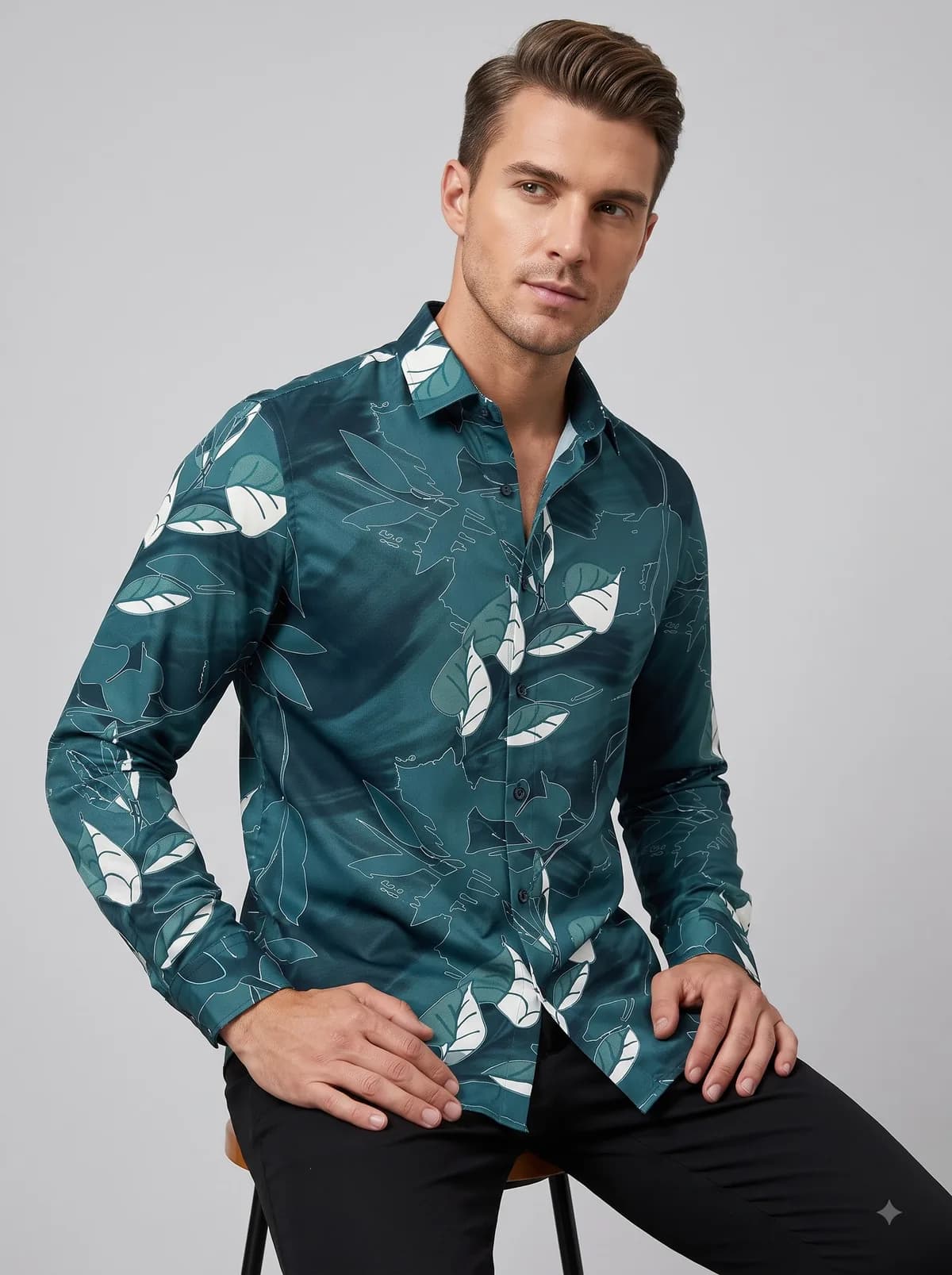 Model in a teal full-sleeve shirt with a large tropical leaf print