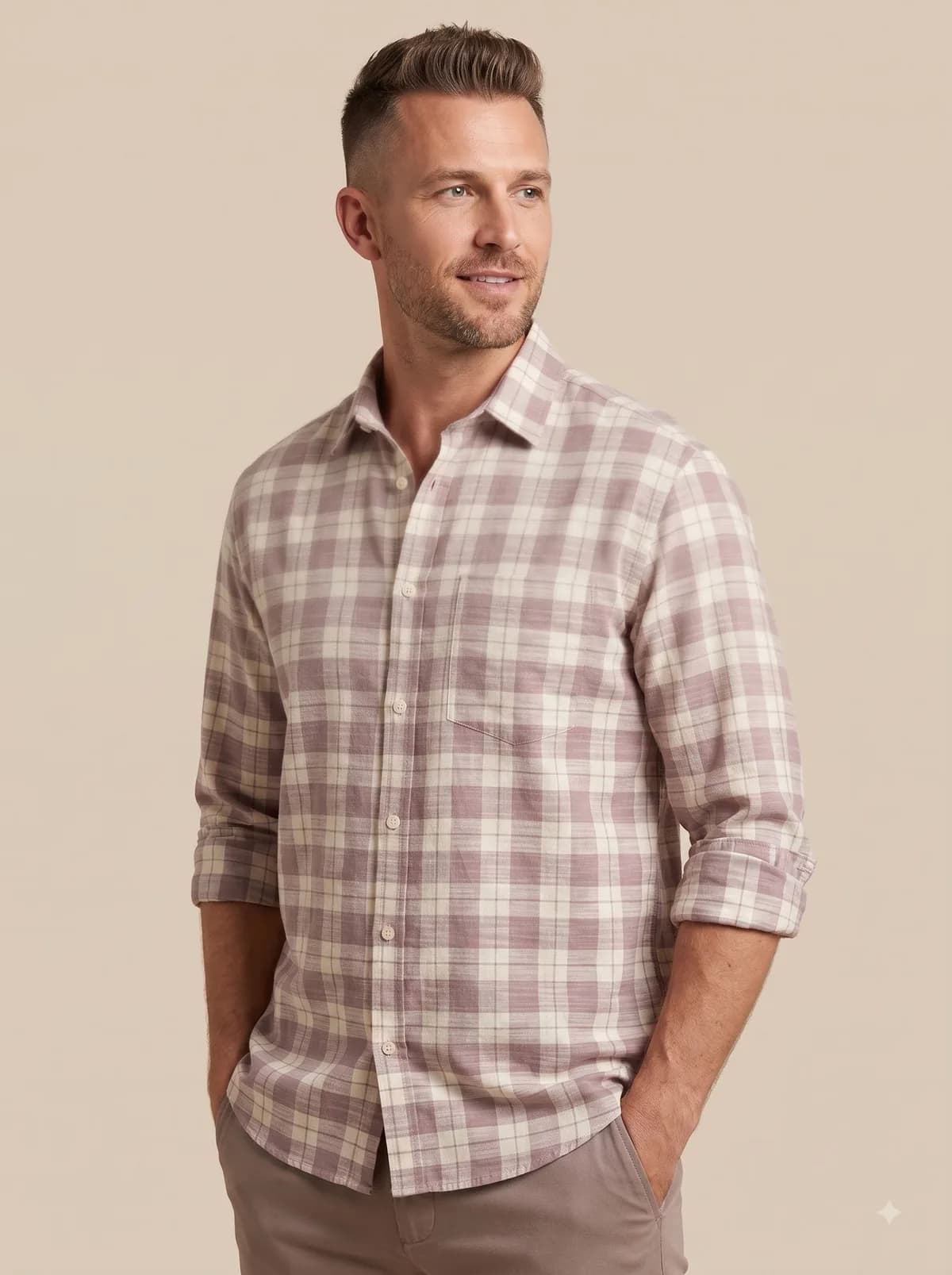Model in a mauve and cream ikat check full-sleeve shirt with rolled cuffs