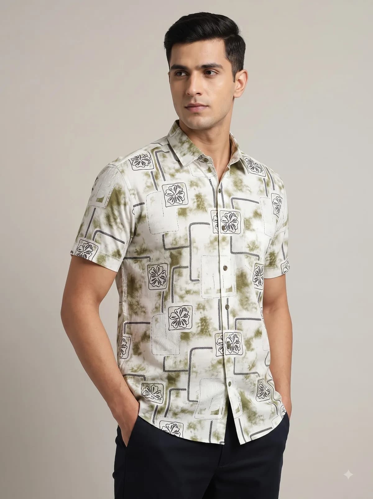 Model in an ivory half-sleeve shirt with a lattice floral print