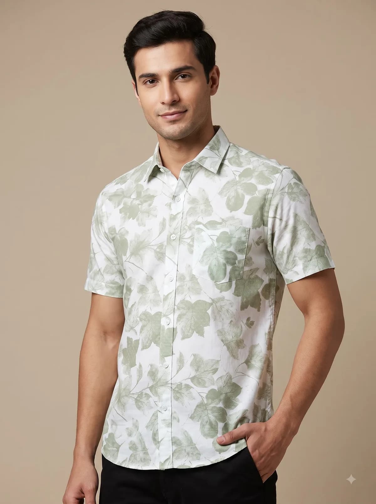 Model in a white half-sleeve shirt with soft green leaf print