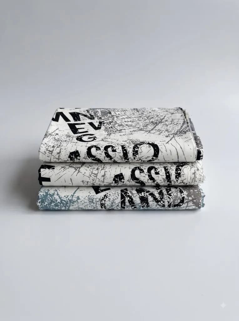 Three folded white and slate typography print fabrics stacked on a pale grey background