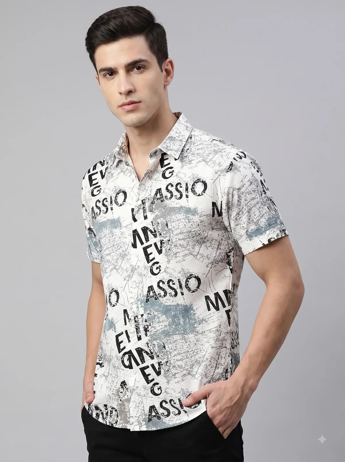 Model in a white half-sleeve shirt with a black distressed typography print