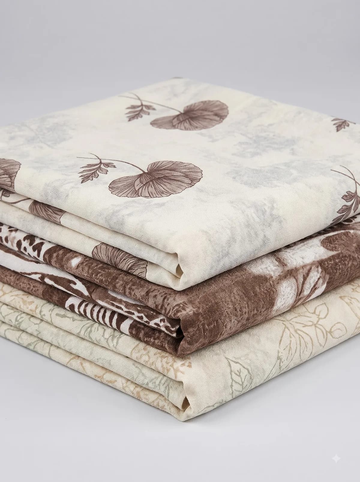 Stack of folded cream and brown botanical print fabrics