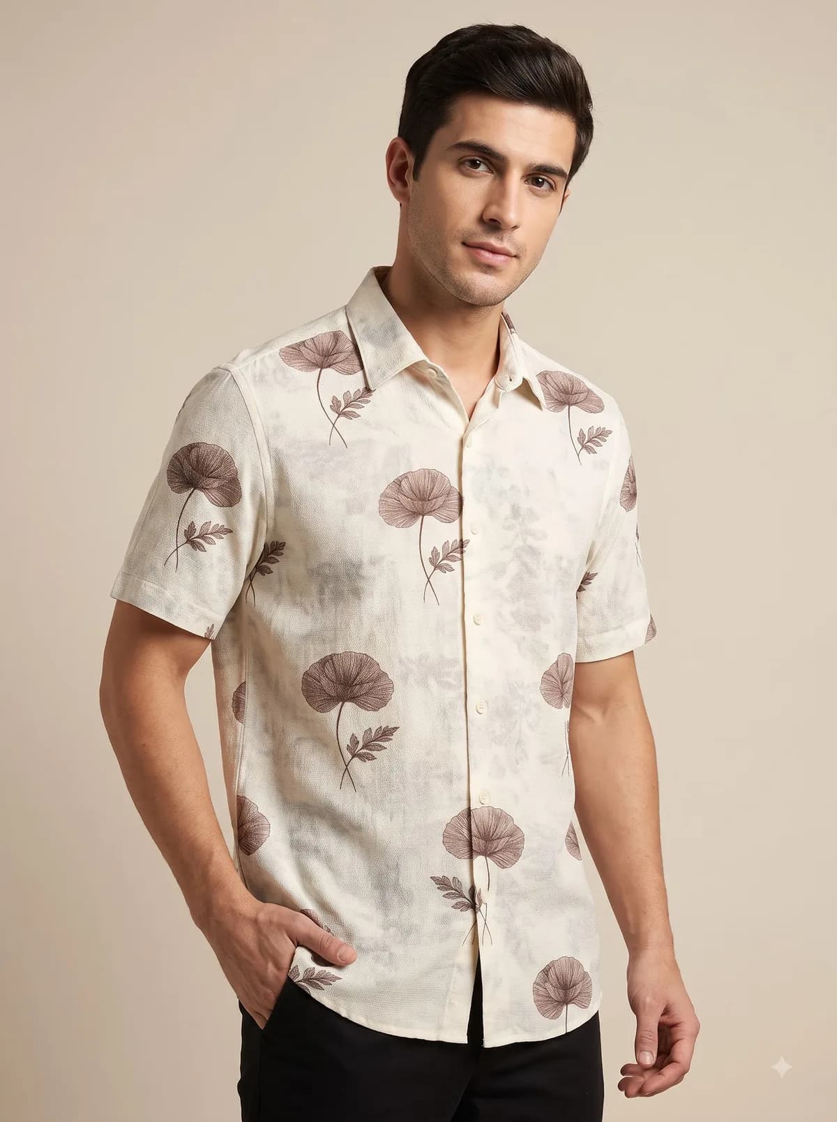 Model in a cream half-sleeve shirt with brown lotus stem print