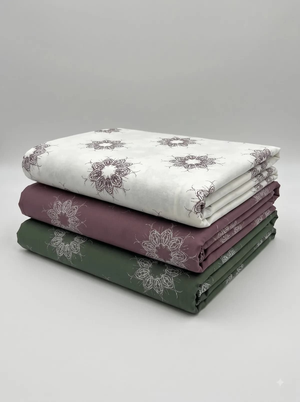 Folded ivory, mauve and olive mandala print fabrics stacked on a grey background