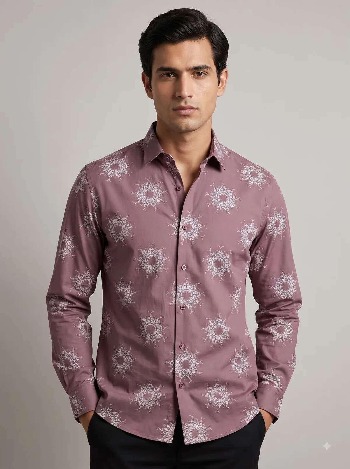 Model in a mauve full-sleeve shirt with a white mandala print