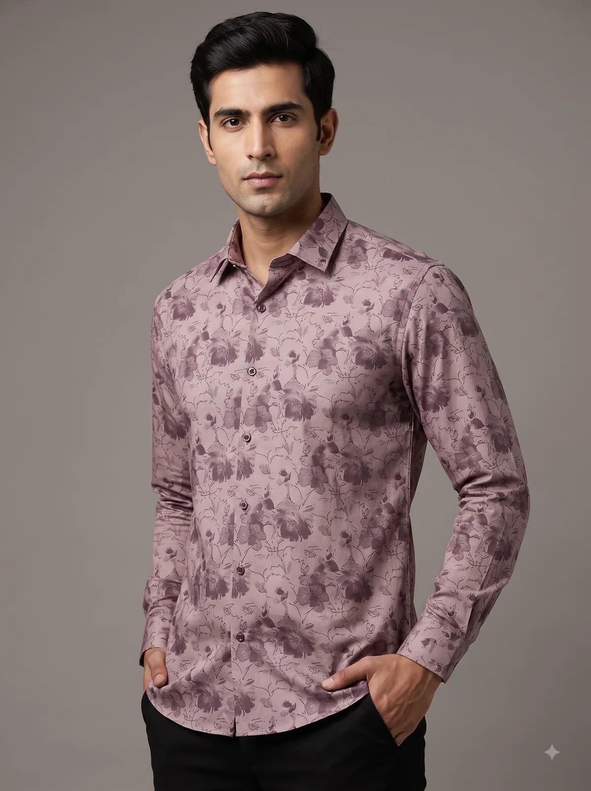 Model in a mauve full-sleeve shirt with a watercolour floral print