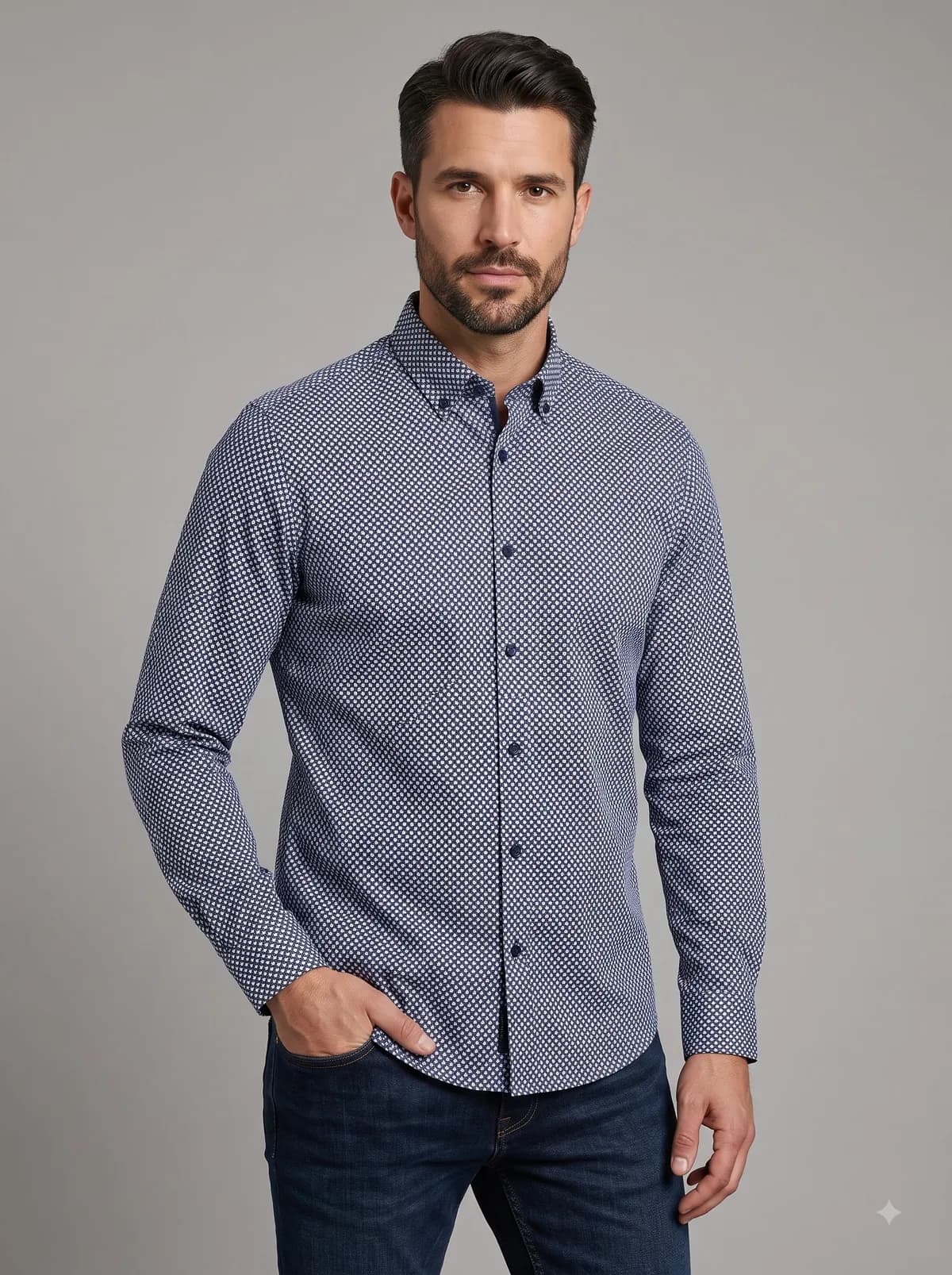 Model in a navy full-sleeve shirt with a small white geometric print