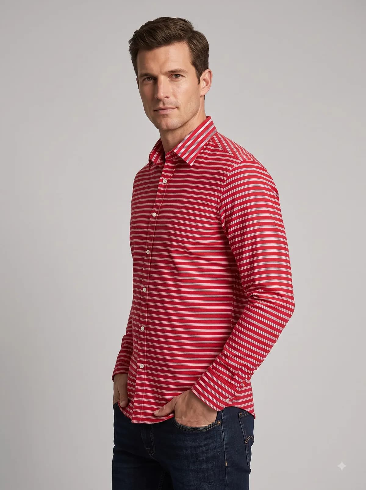 Model in a red and white pencil stripe full-sleeve shirt