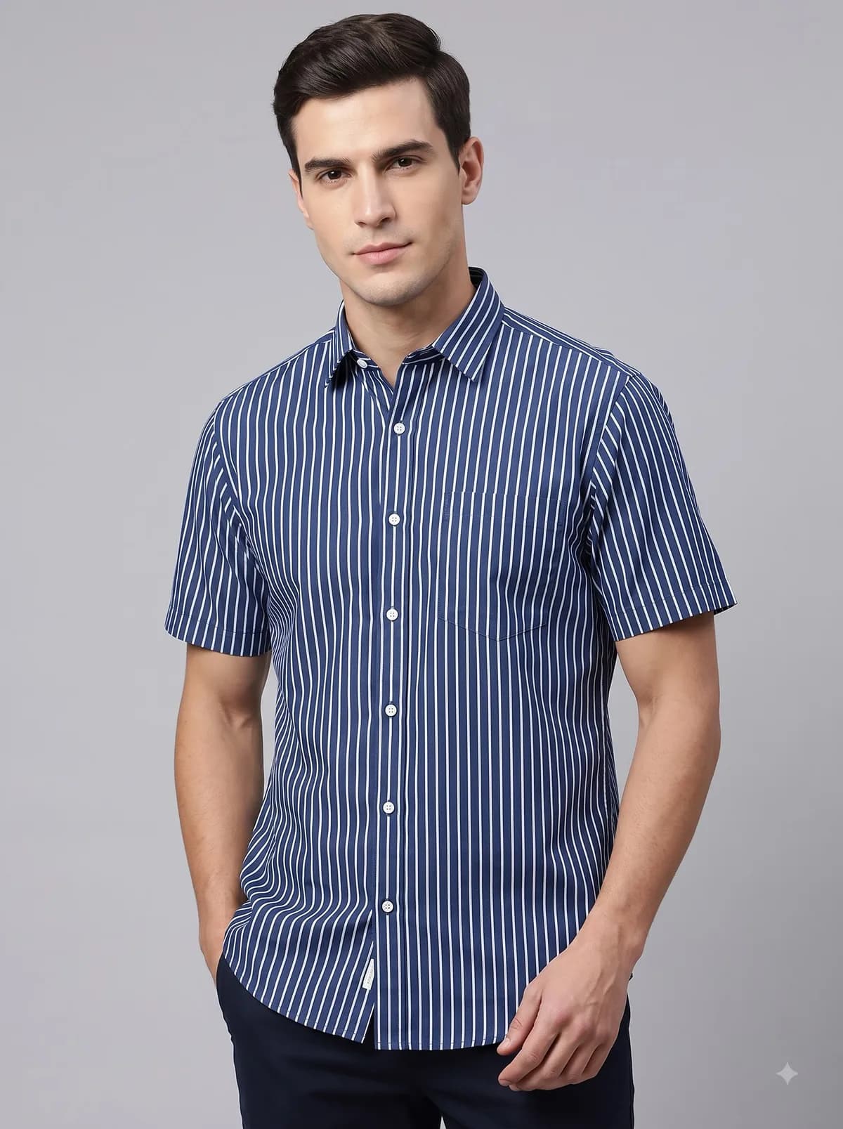 Model in a navy and white pinstripe half-sleeve shirt