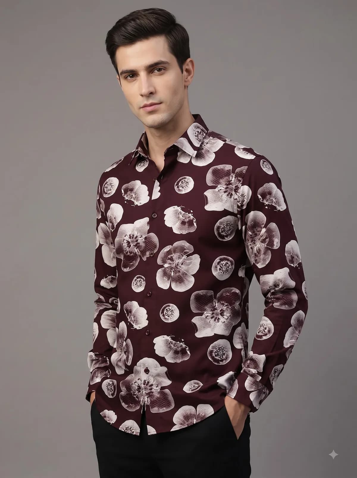 Model in a burgundy full-sleeve shirt with a large ivory poppy print