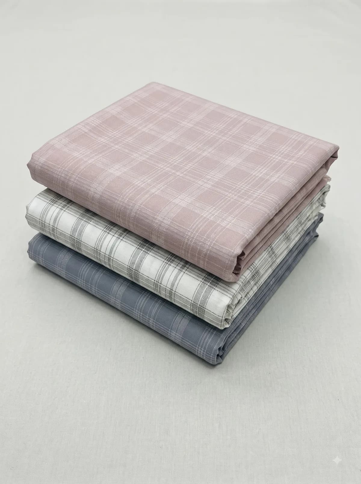 Folded dusty rose, grey and slate windowpane check fabrics stacked on a linen background