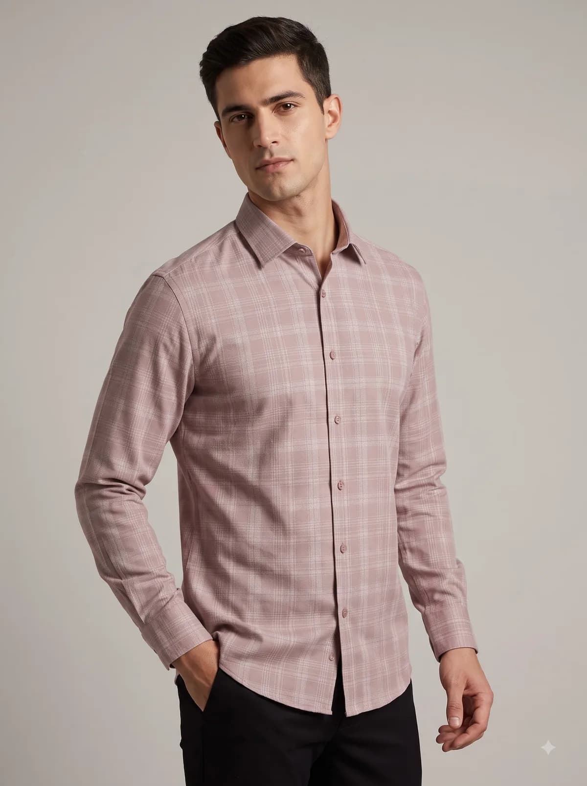 Model in a dusty rose windowpane check full-sleeve shirt