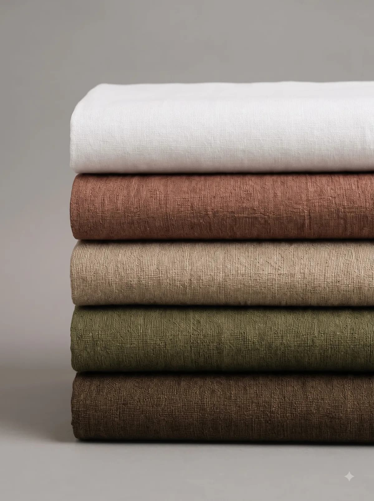 Stack of folded textured linen fabrics in white, rust, sand, olive and brown