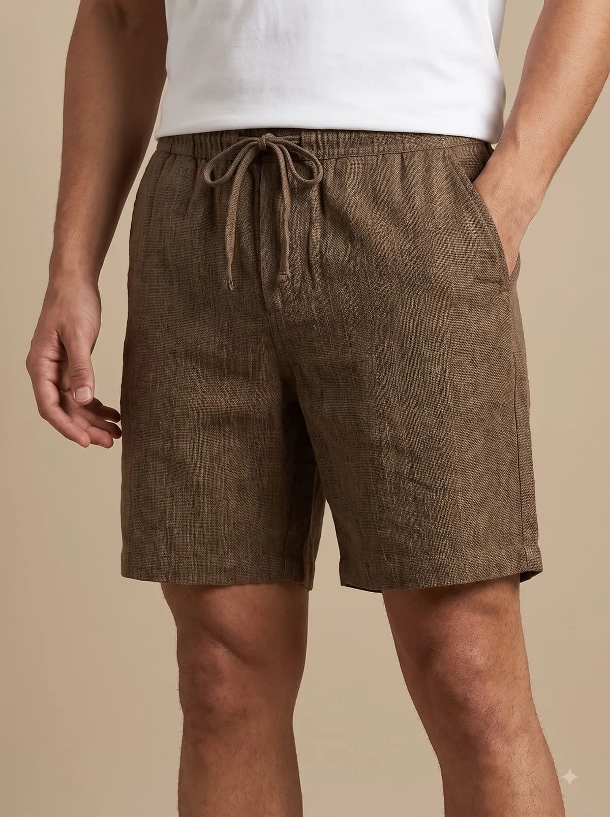 Model in brown textured linen drawstring shorts