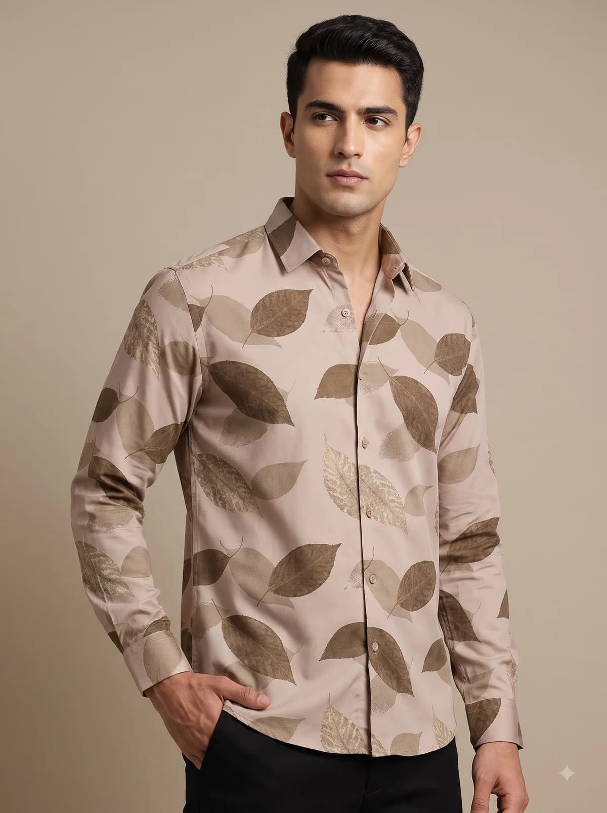 Model in a beige full-sleeve shirt with a large veined leaf print