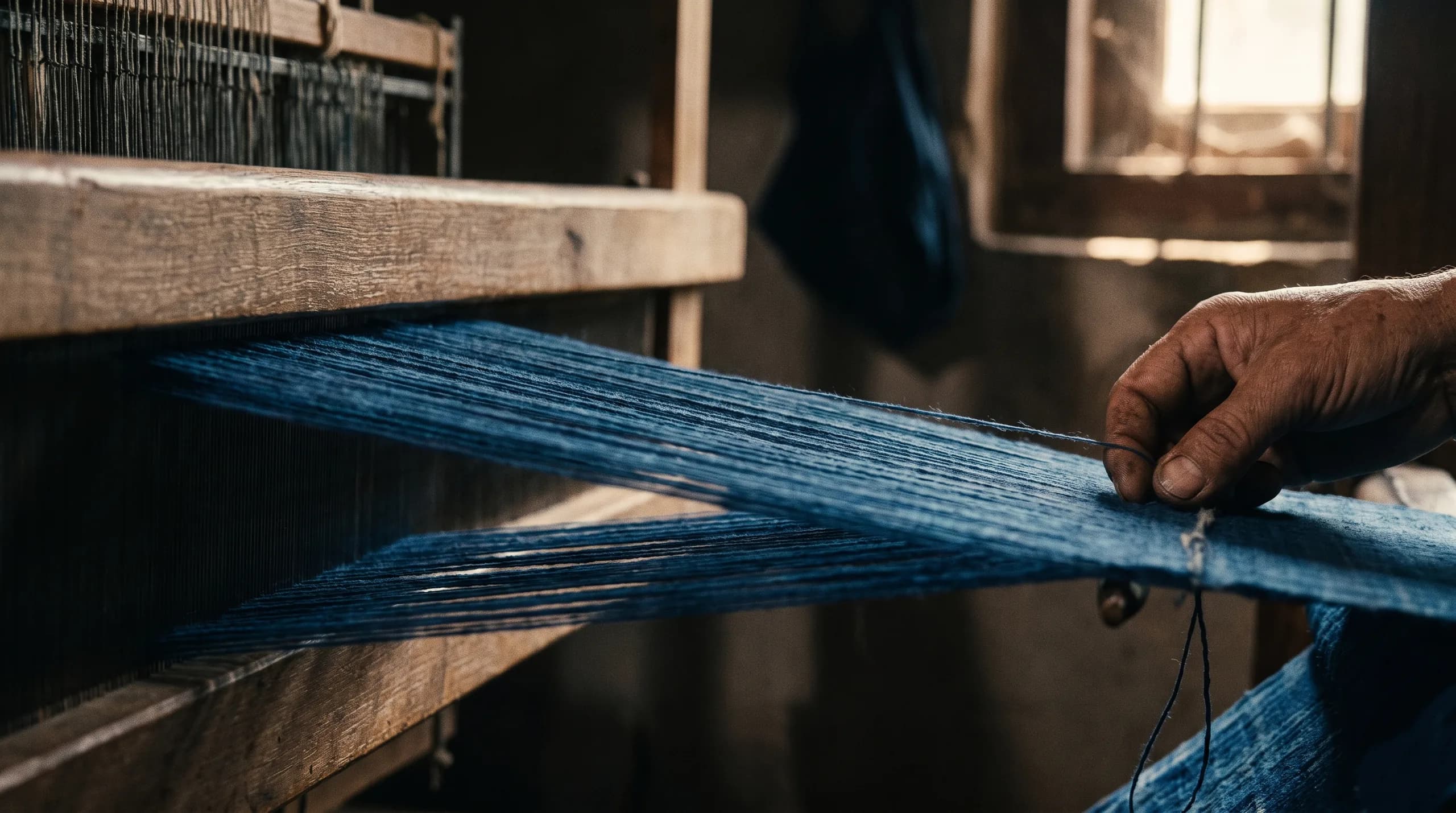 Close-up of a hand weaving indigo threads on a traditional wooden loom