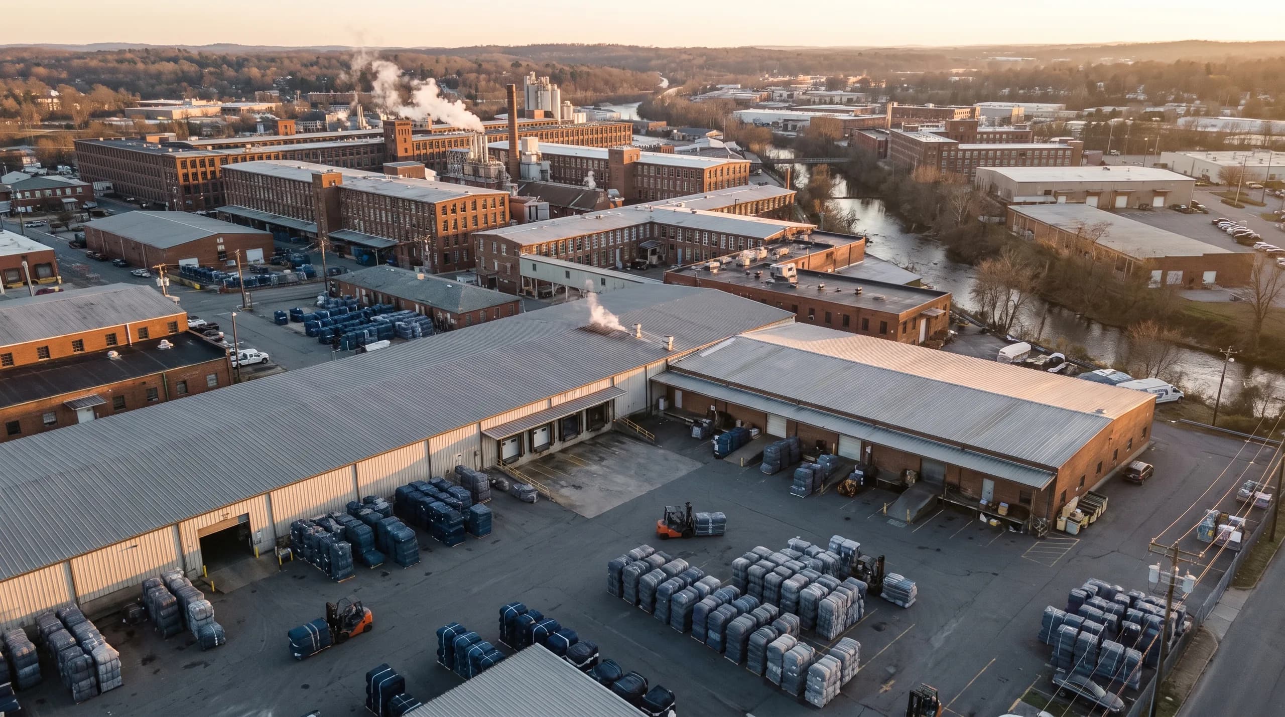 Aerial view of the Ambica group textile manufacturing complex at golden hour
