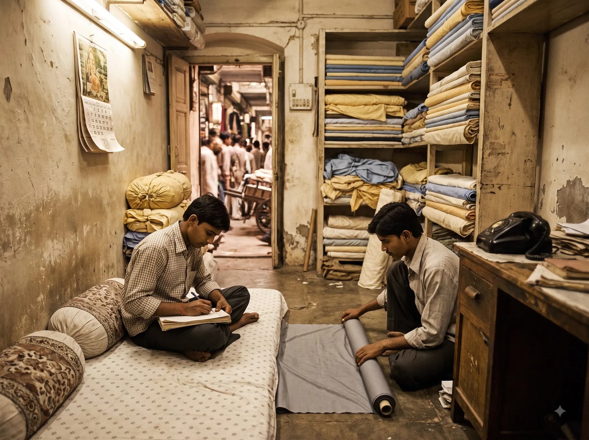 Two young traders working in a one-room fabric shop in Ahmedabad’s New Cloth Market