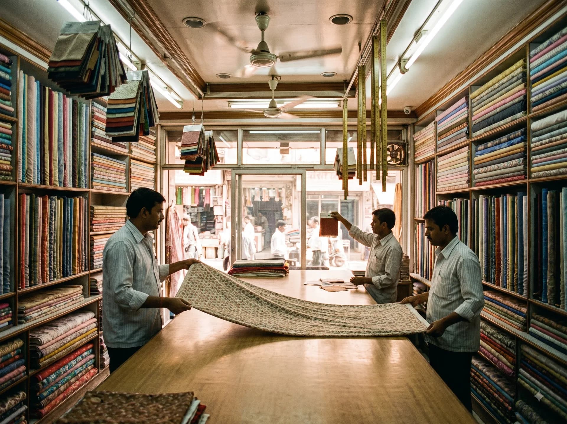 Traders spreading printed fabric across the counter of Ambica’s own cloth market showroom