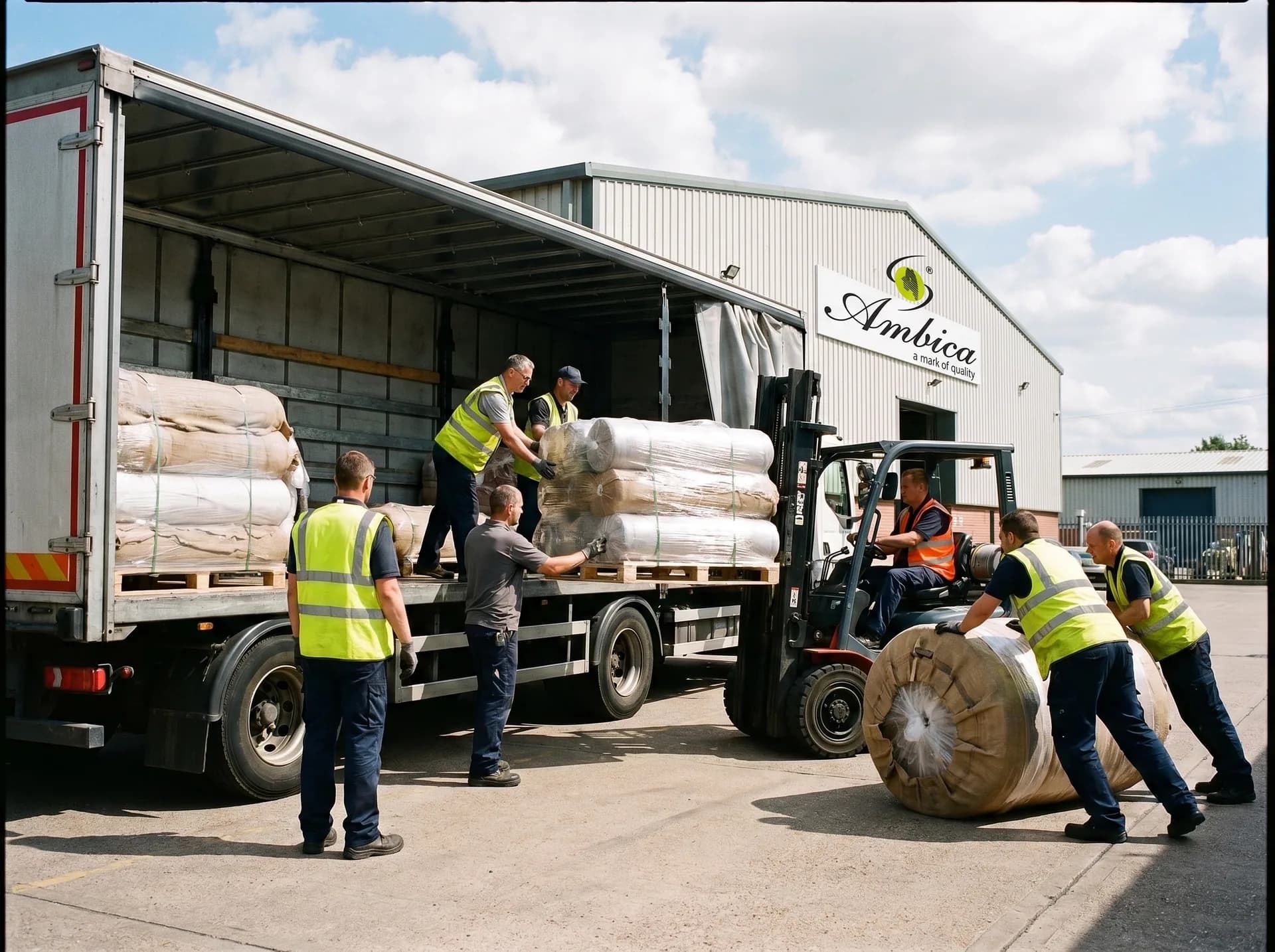 Fabric rolls being loaded at the Ambica warehouse